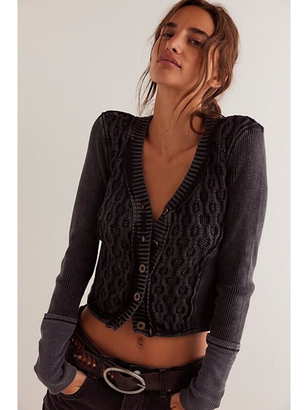 WE THE FREE Snapshot Cropped Washed Black Cardigan MED WHIMSIGOTH GRUNGE